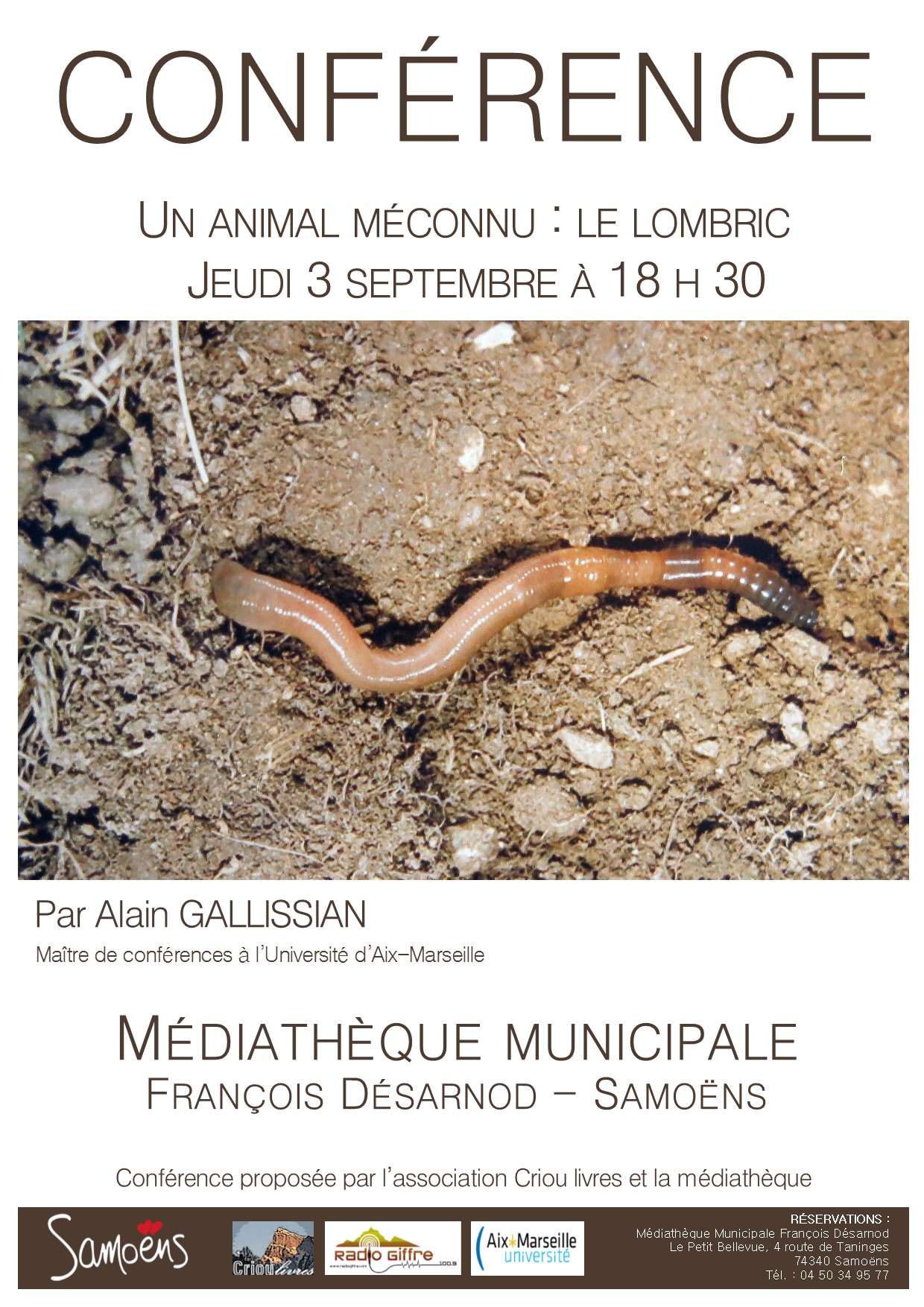 Conférence Lombric à la médiathèque de Samoëns 3 septembre 2020.Alain Gallissian, maître de conférence.